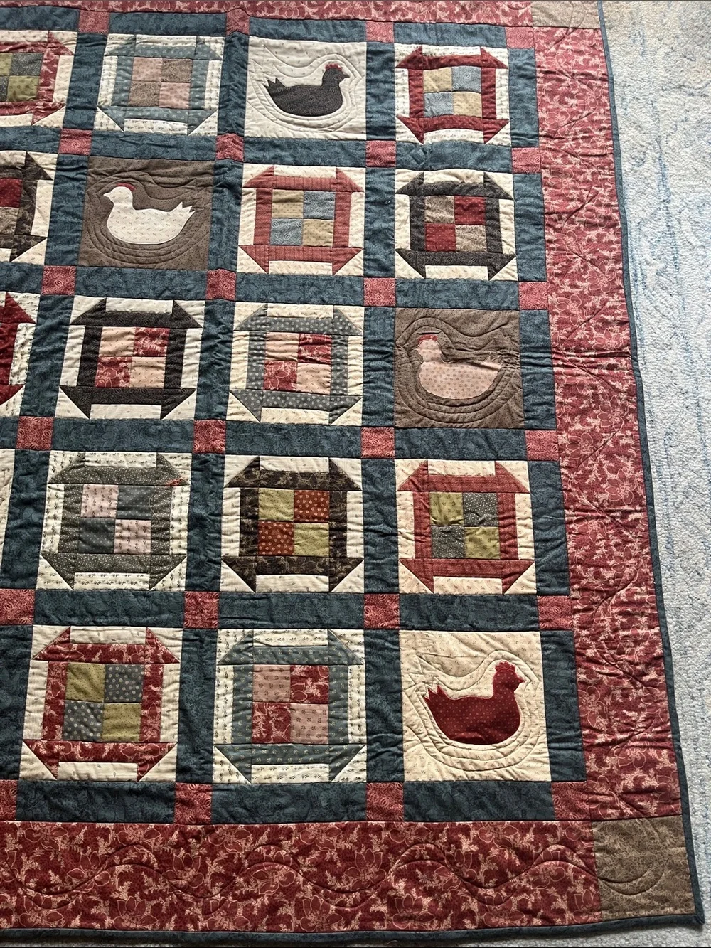 Handmade Hen House Quilt 51” x 61” Made by Maria Umhey